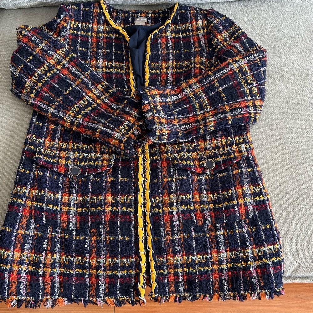 Vintage Chicos Tweed Multicolor Preppy Holidays Chain Open Coat Size 1 - Picture 11 of 12